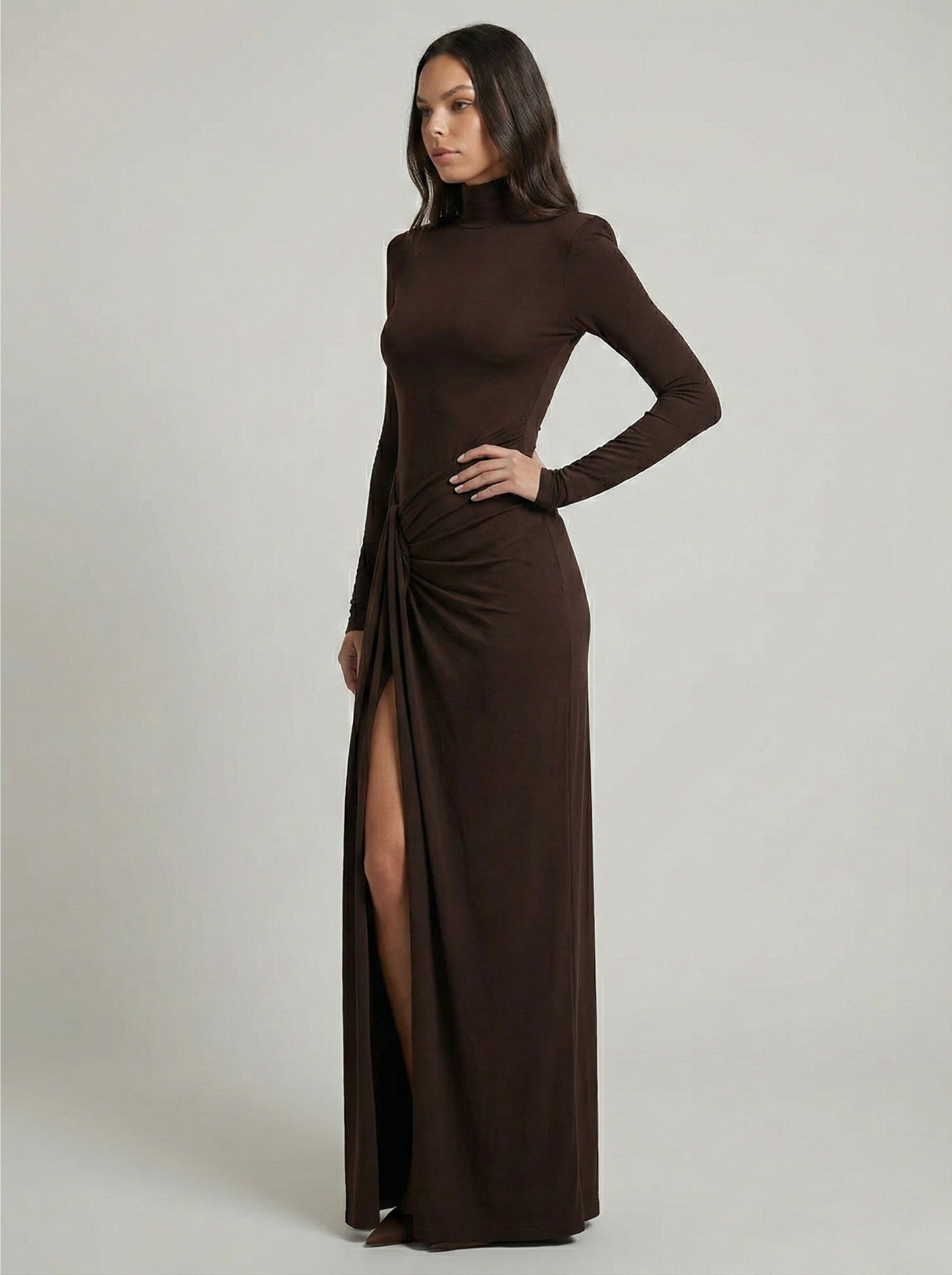 Women's Classy Maxi Dress | Ruched Detail & High Neck Long Sleeve