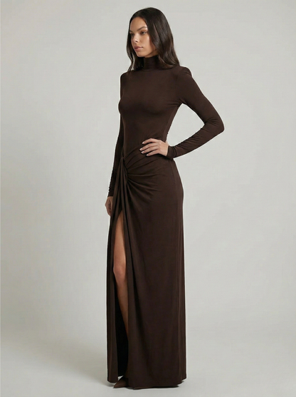 Women's Classy Maxi Dress | Ruched Detail & High Neck Long Sleeve