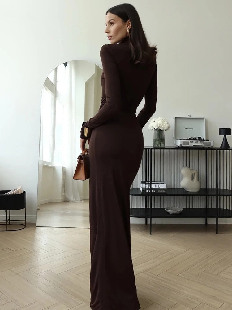 Women's Classy Maxi Dress | Ruched Detail & High Neck Long Sleeve