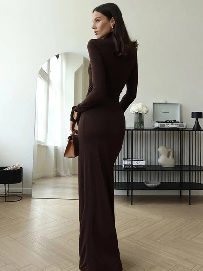Women's Classy Maxi Dress | Ruched Detail & High Neck Long Sleeve