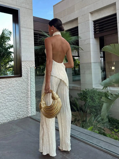 Women's Pleated Set | Halter Neck & Wide-Leg Sophistication