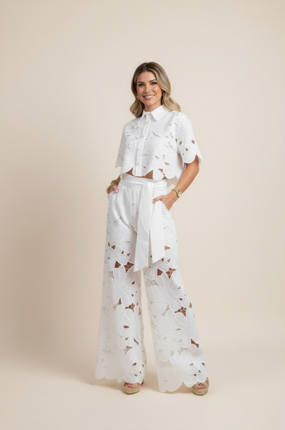 Women's Co Ord Set Summer | Floral Cutwork & Wide-Leg Two-Piece