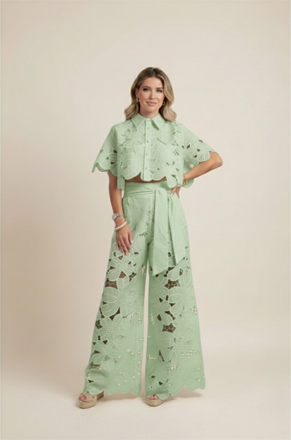 Women's Co Ord Set Summer | Floral Cutwork & Wide-Leg Two-Piece