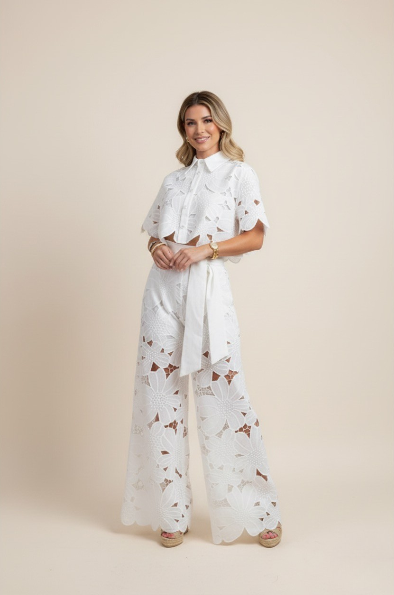 Women's Co Ord Set Summer | Floral Cutwork & Wide-Leg Two-Piece