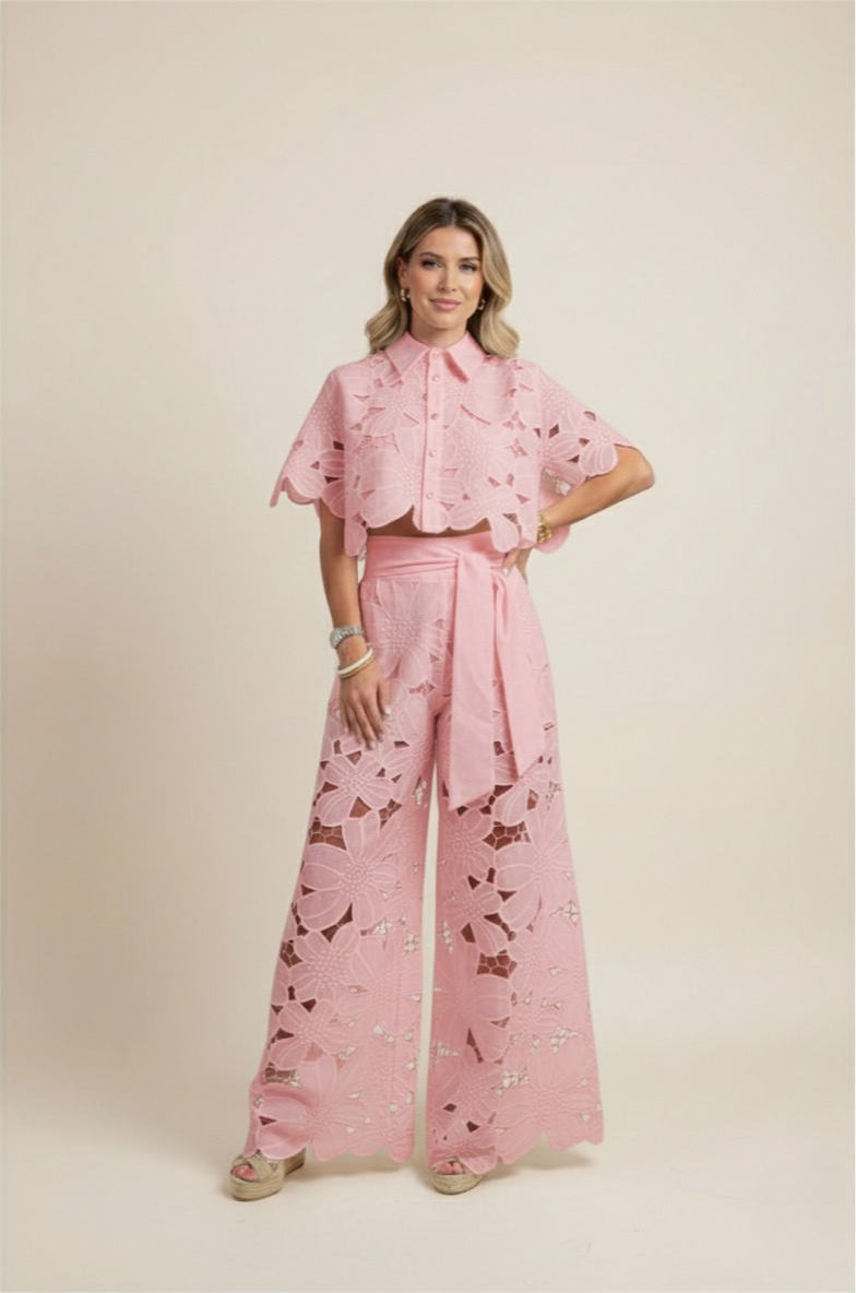 Women's Co Ord Set Summer | Floral Cutwork & Wide-Leg Two-Piece