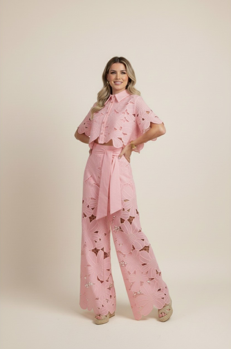 Women's Co Ord Set Summer | Floral Cutwork & Wide-Leg Two-Piece