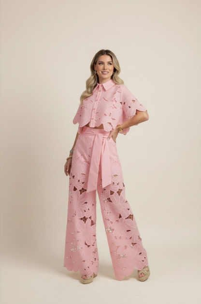 Women's Co Ord Set Summer | Floral Cutwork & Wide-Leg Two-Piece