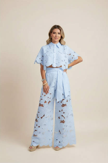 Women's Co Ord Set Summer | Floral Cutwork & Wide-Leg Two-Piece