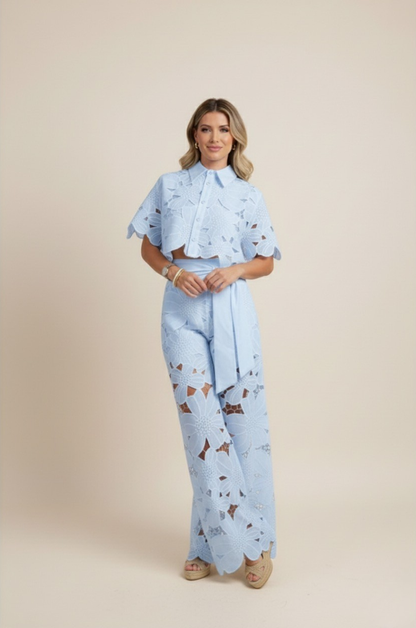 Women's Co Ord Set Summer | Floral Cutwork & Wide-Leg Two-Piece