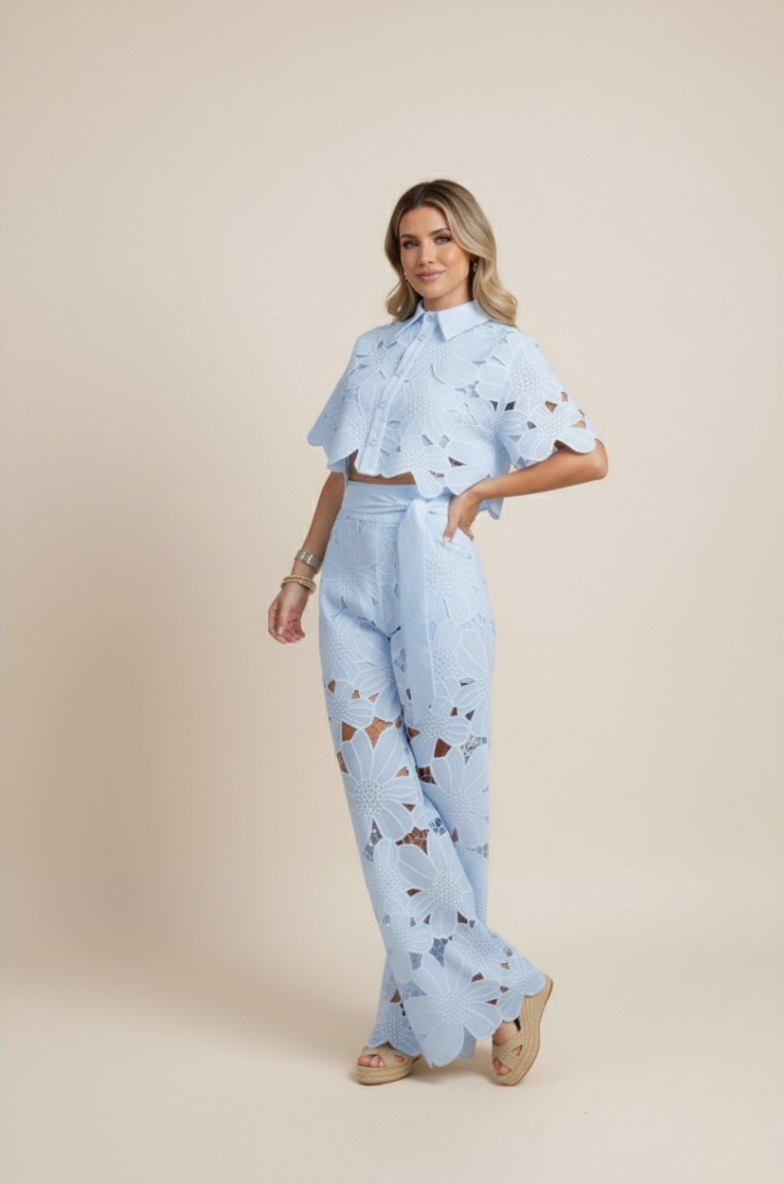 Women's Co Ord Set Summer | Floral Cutwork & Wide-Leg Two-Piece