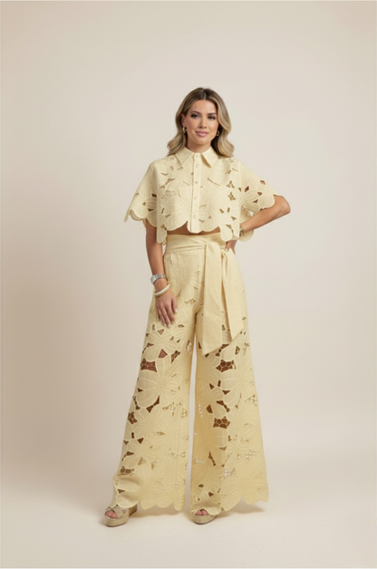 Women's Co Ord Set Summer | Floral Cutwork & Wide-Leg Two-Piece
