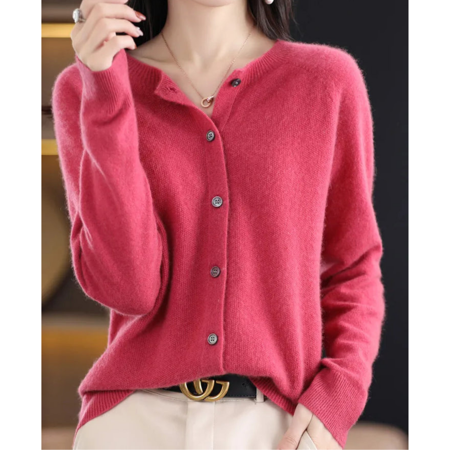 Luxury Merino Wool & Cashmere Cardigan for Women – Elegant O-Neck Winter Knit 0