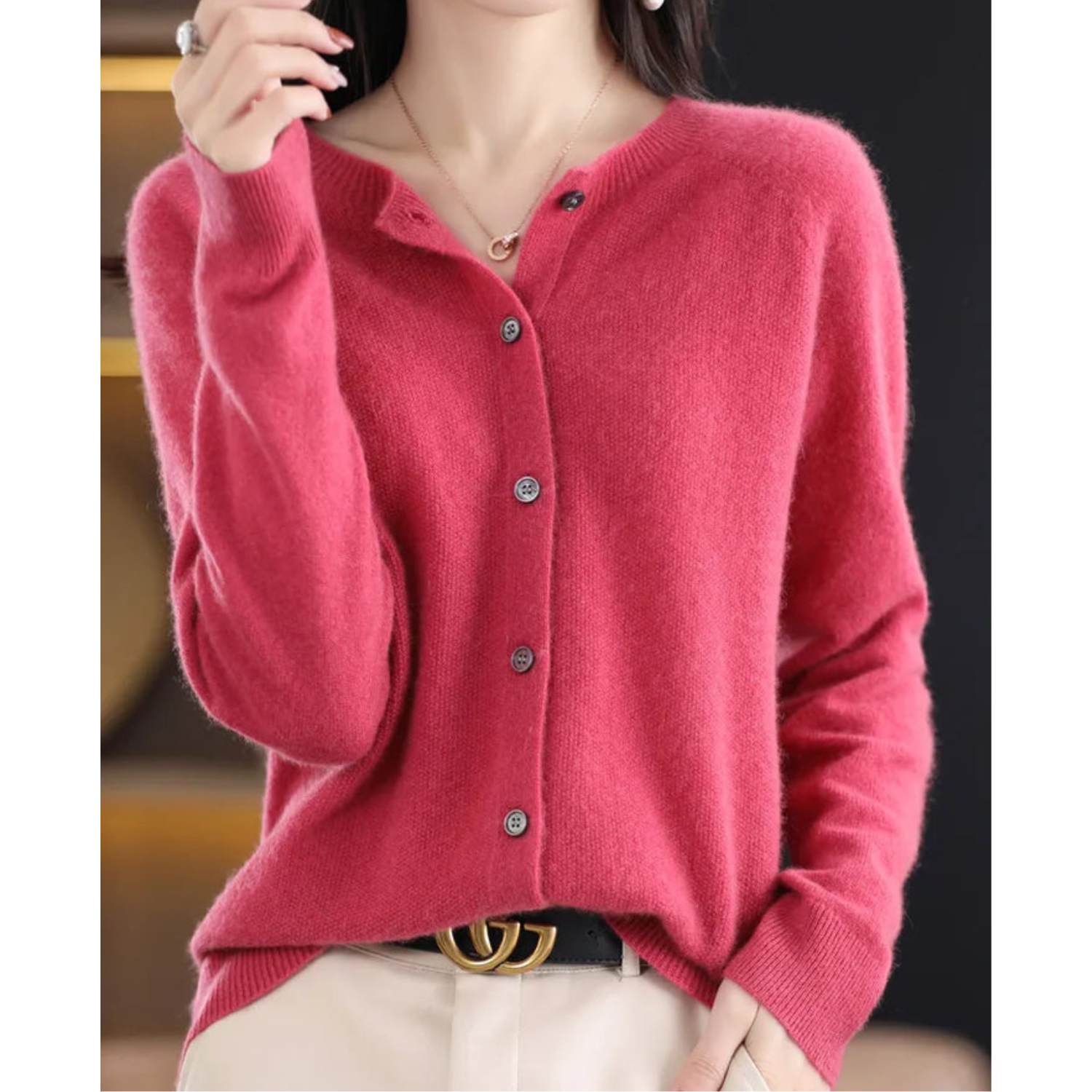 Luxury Merino Wool & Cashmere Cardigan for Women – Elegant O-Neck Winter Knit 0