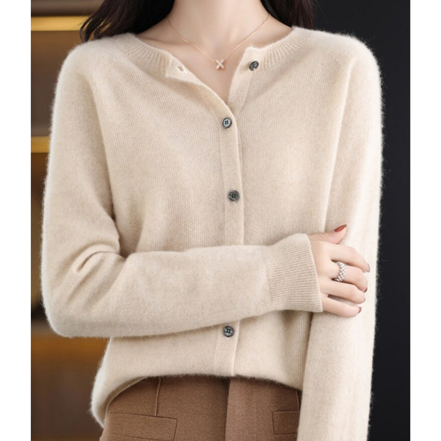 Luxury Merino Wool & Cashmere Cardigan for Women – Elegant O-Neck Winter Knit 10