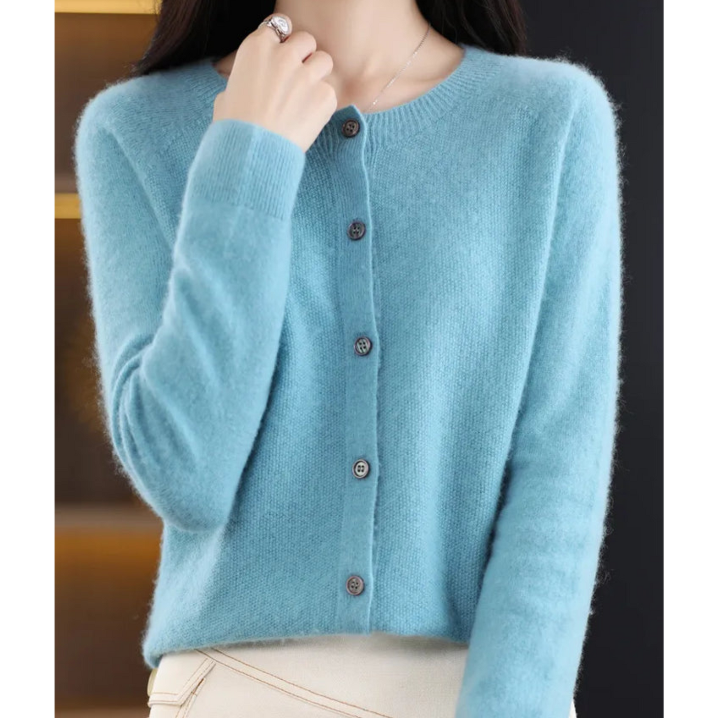 Luxury Merino Wool & Cashmere Cardigan for Women – Elegant O-Neck Winter Knit 3