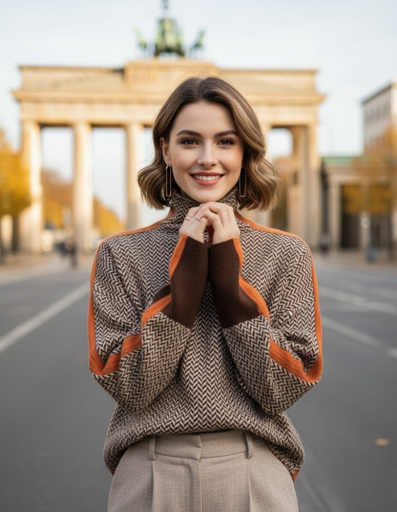 Women's Turtleneck Jumper Geometric Pattern Knit Sweater 1