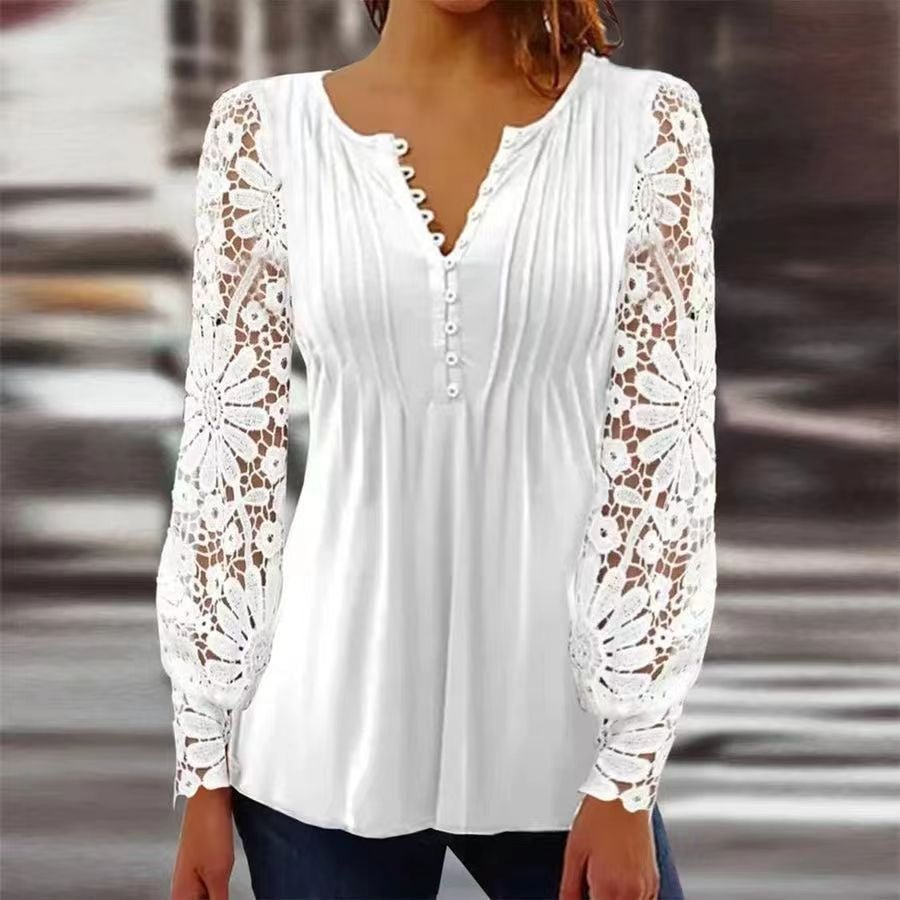 Women's Blouse | Henley Button Neck Lace Sleeve