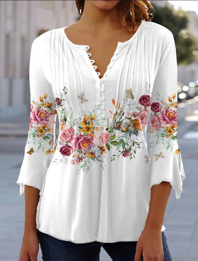 Women's Blouse | Henley Button Neck Lace Sleeve