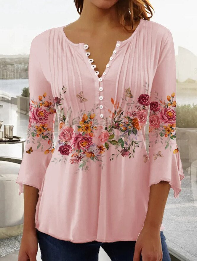 Women's Blouse | Henley Button Neck Lace Sleeve
