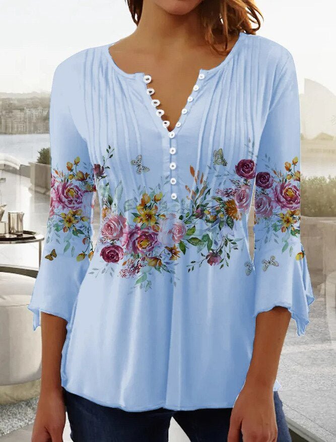 Women's Blouse | Henley Button Neck Lace Sleeve