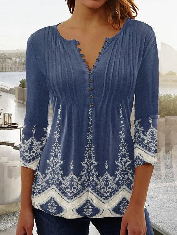 Women's Blouse | Henley Button Neck Lace Sleeve