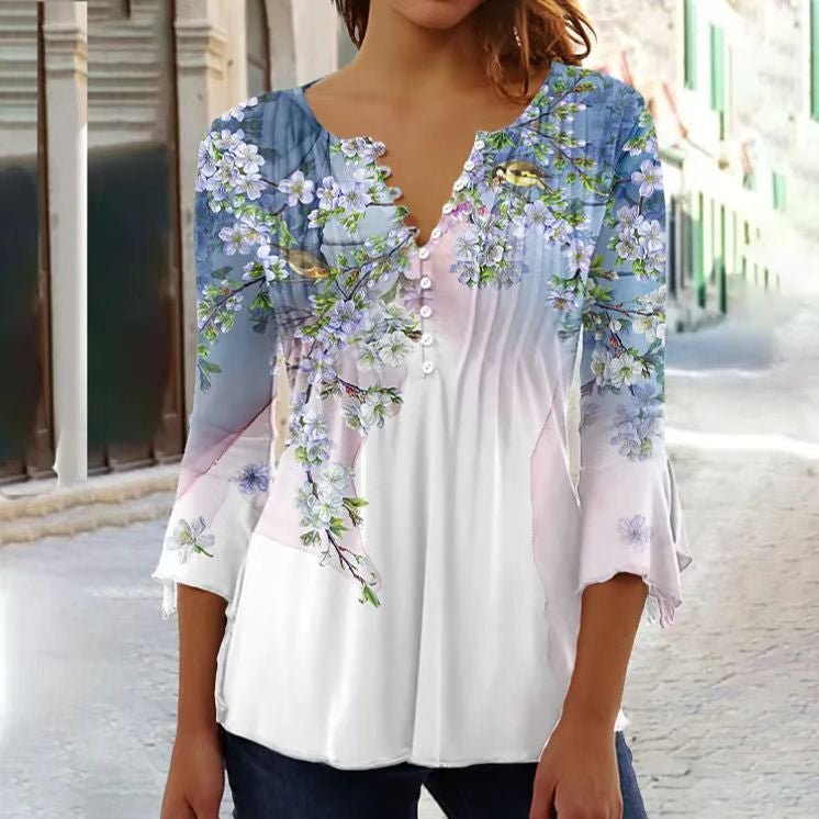 Women's Blouse | Henley Button Neck Lace Sleeve