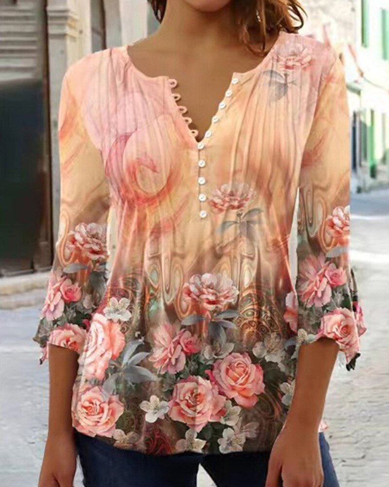 Women's Blouse | Henley Button Neck Lace Sleeve