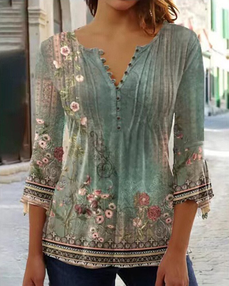Women's Blouse | Henley Button Neck Lace Sleeve