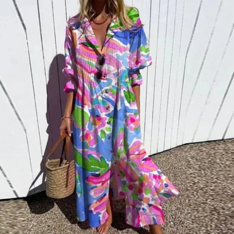 Maxi Dress Women's | Bold Floral Print & V-Neck Long Sleeve