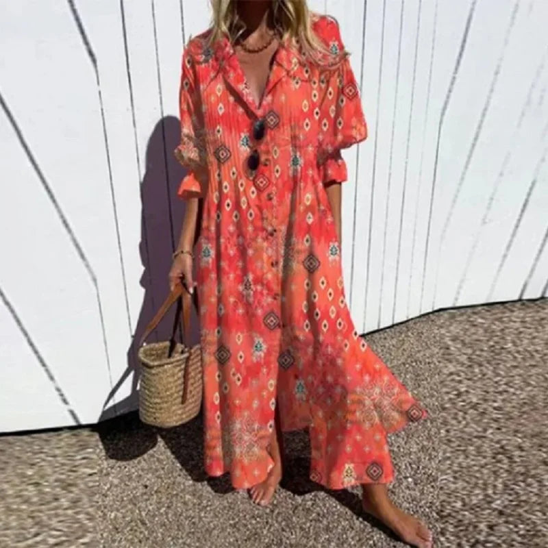 Maxi Dress Women's | Bold Floral Print & V-Neck Long Sleeve