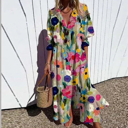Maxi Dress Women's | Bold Floral Print & V-Neck Long Sleeve