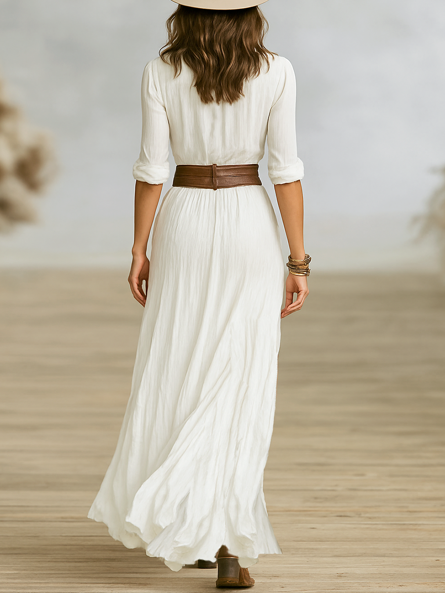 Maxi Dress Women's | Button-Front & Belted Waist with Front Slit
