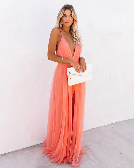 Maxi Dress Women's | Tulle & Deep V-Neck Elegant