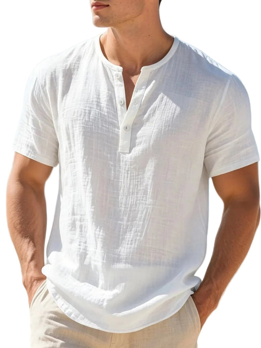 Men's Cotton Linen Henley T-Shirt | Lightweight Breathable Summer Essential 0