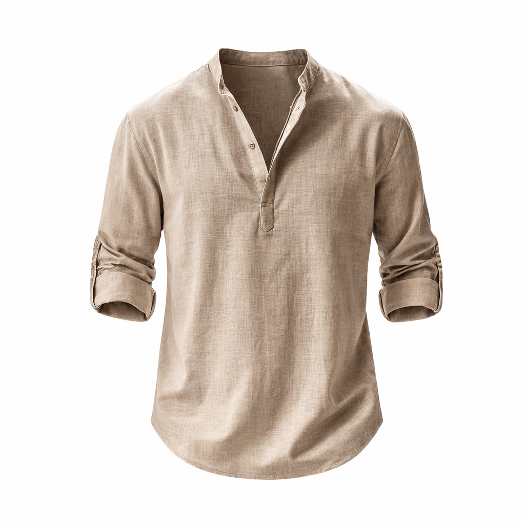 Men’s Linen Shirt Stand Collar Roll Sleeve Casual Top 0