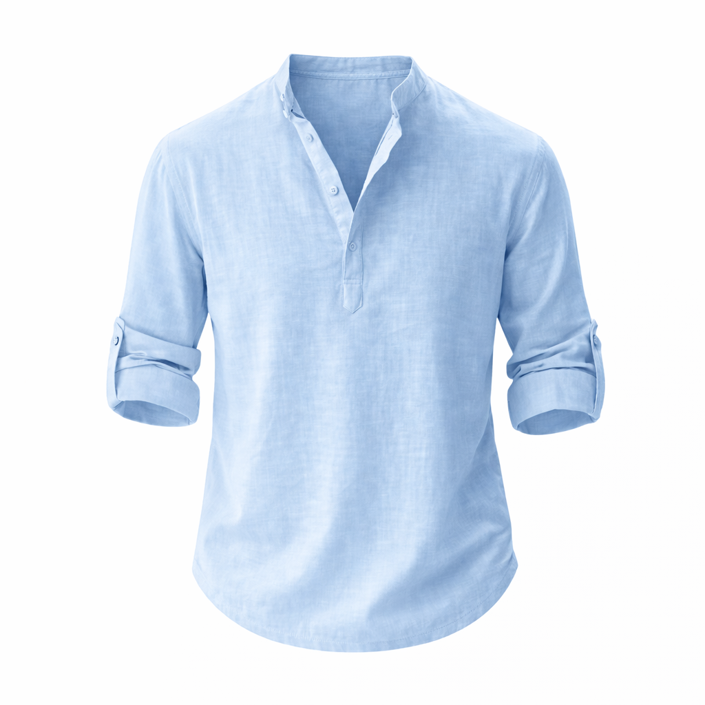 Men’s Linen Shirt Stand Collar Roll Sleeve Casual Top 1
