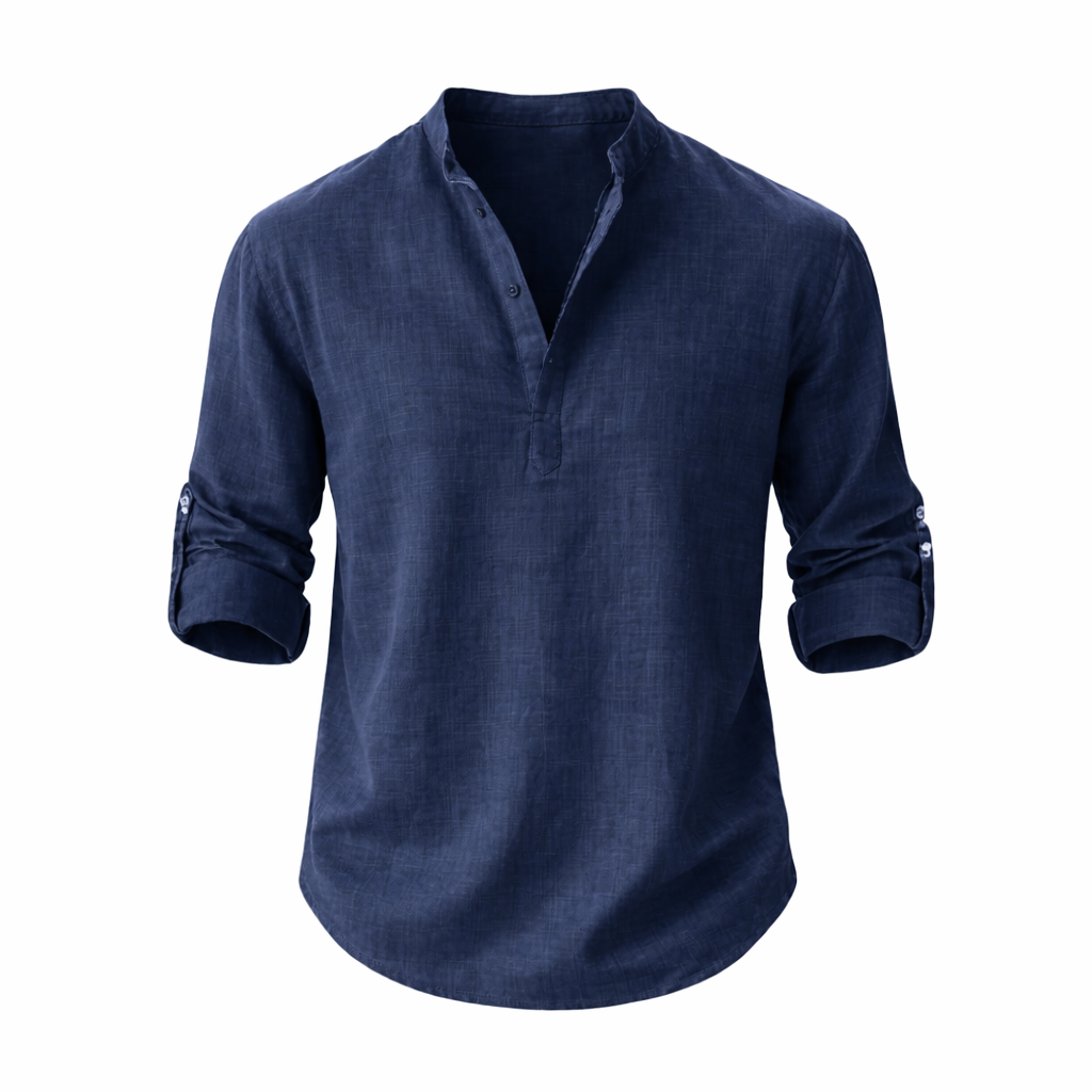 Men’s Linen Shirt Stand Collar Roll Sleeve Casual Top 2