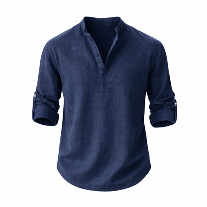 Men’s Linen Shirt Stand Collar Roll Sleeve Casual Top 2