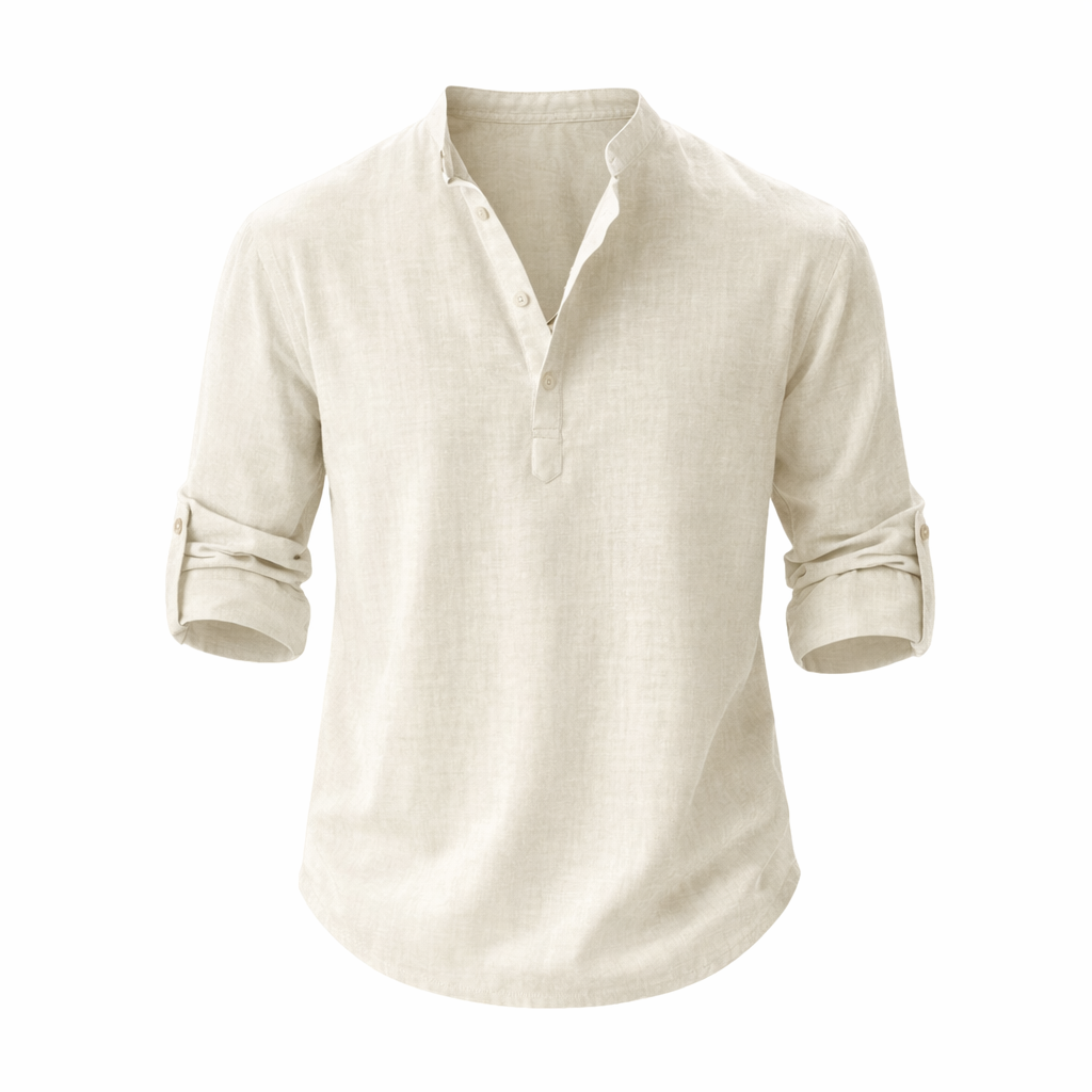 Men’s Linen Shirt Stand Collar Roll Sleeve Casual Top 3