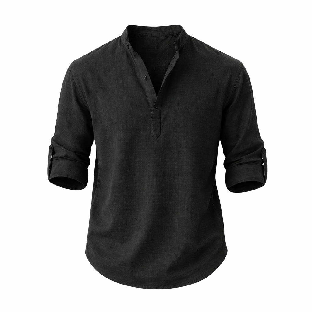 Men’s Linen Shirt Stand Collar Roll Sleeve Casual Top 4