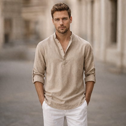 Men’s Linen Shirt Stand Collar Roll Sleeve Casual Top 5