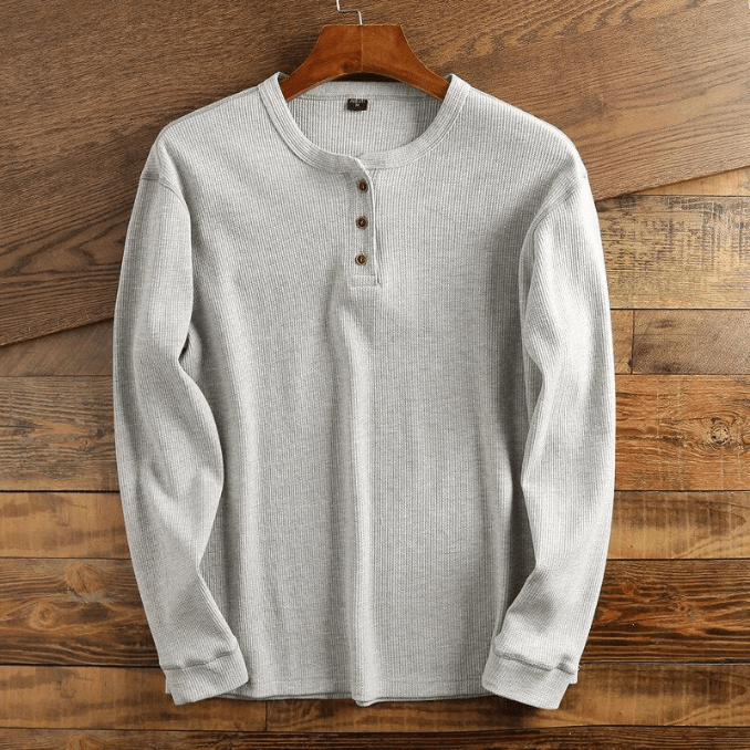 Men’s Waffle Knit Henley Shirt Long Sleeve Textured Casual Top 0