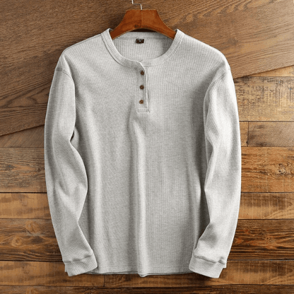 Men’s Waffle Knit Henley Shirt Long Sleeve Textured Casual Top 0