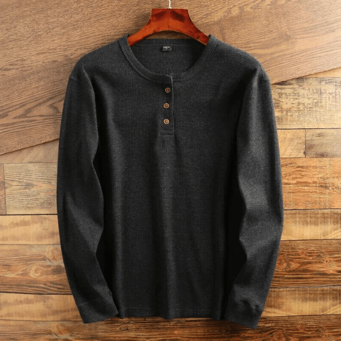 Men’s Waffle Knit Henley Shirt Long Sleeve Textured Casual Top 3