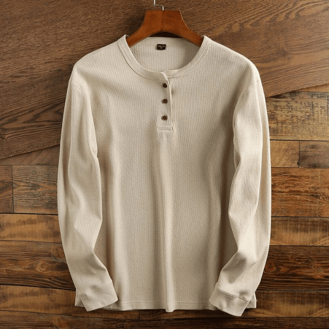 Men’s Waffle Knit Henley Shirt Long Sleeve Textured Casual Top 4