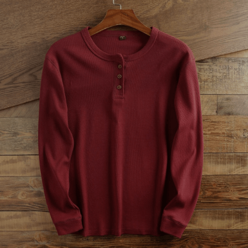 Men’s Waffle Knit Henley Shirt Long Sleeve Textured Casual Top 6
