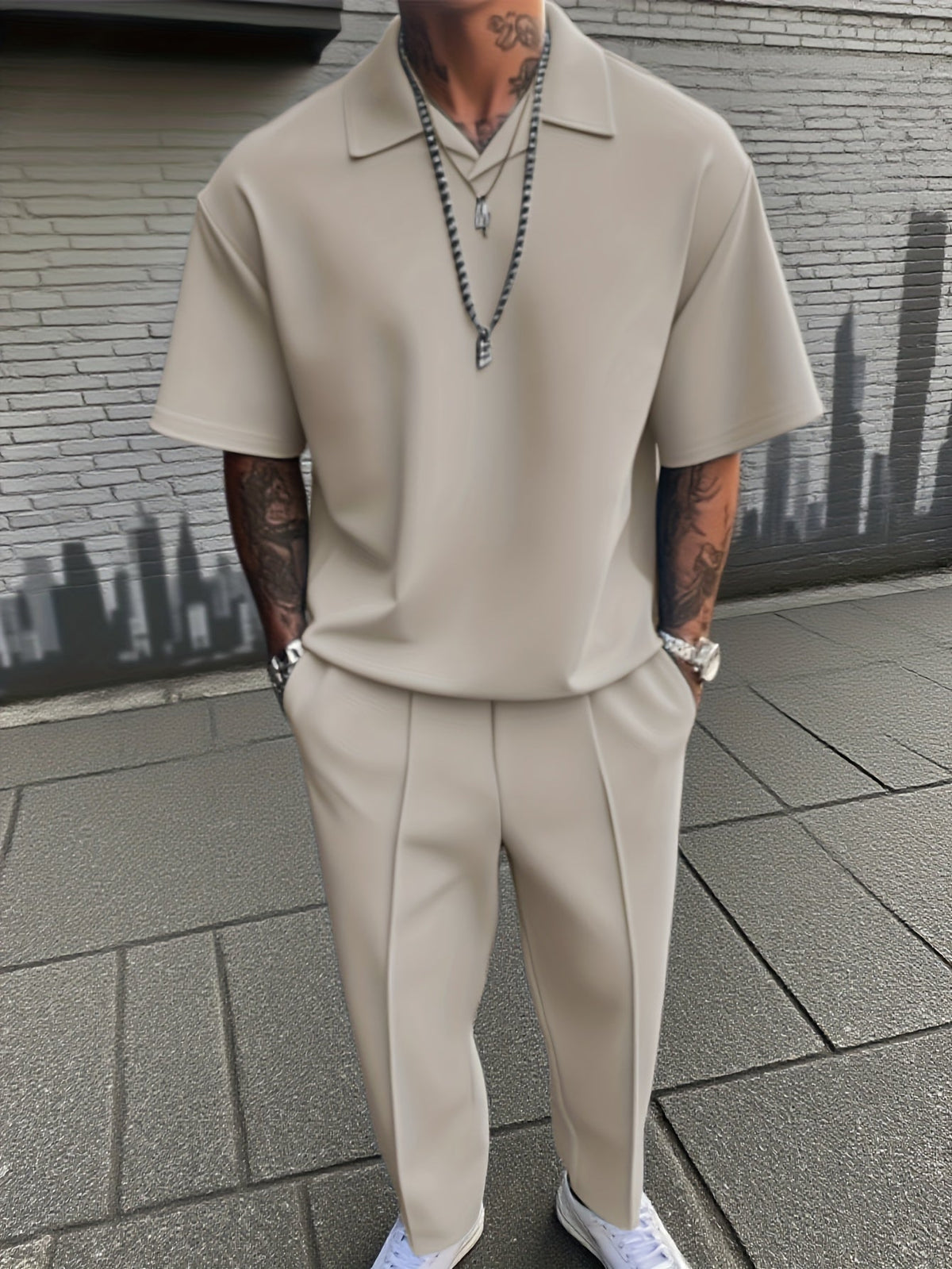 Men's 2 Piece Suit Set Relaxed Fit Collared Top Trousers