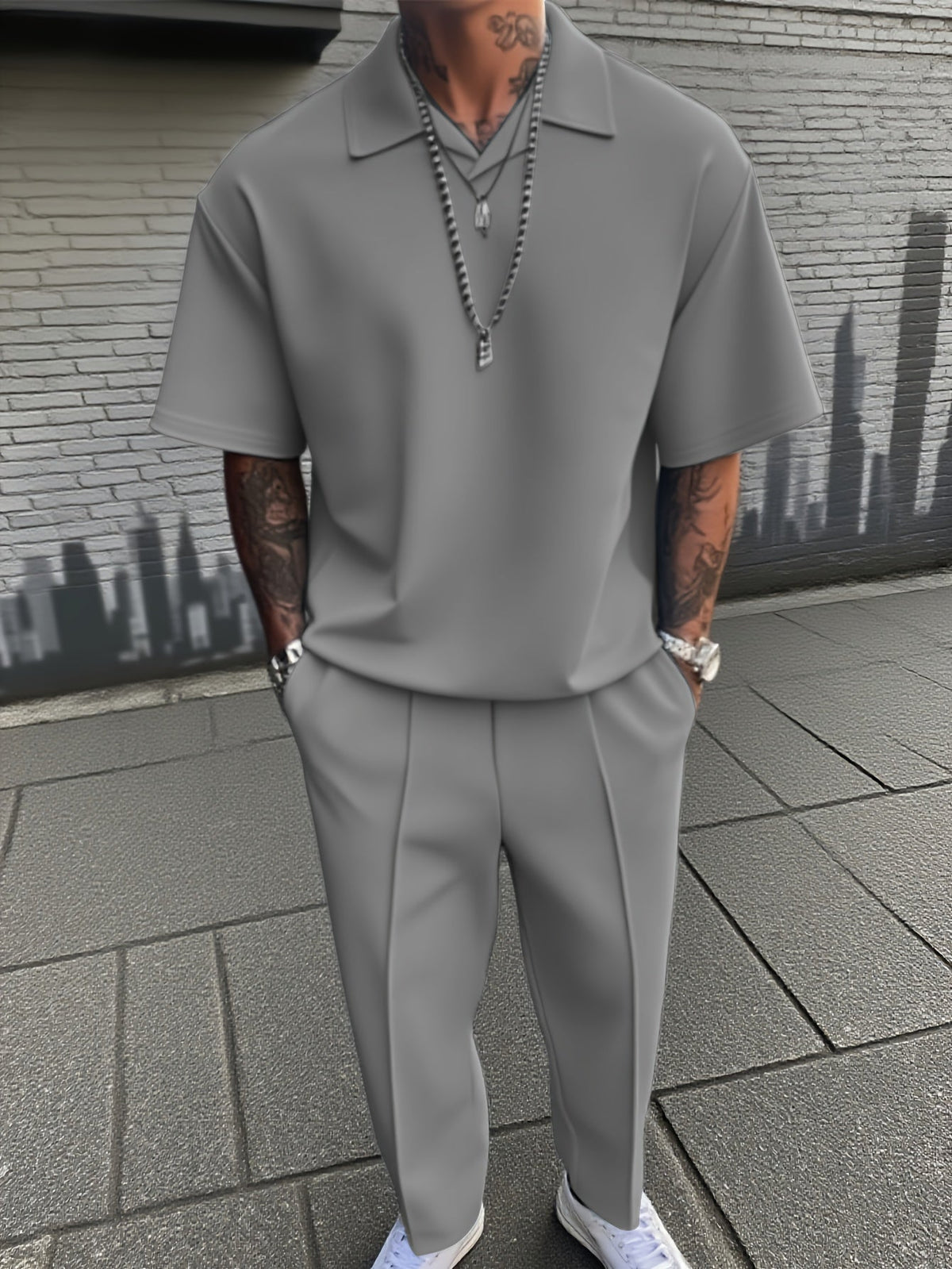 Men's 2 Piece Suit Set Relaxed Fit Collared Top Trousers