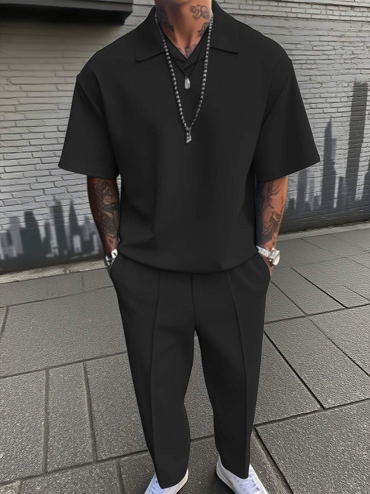 Men's 2 Piece Suit Set Relaxed Fit Collared Top Trousers