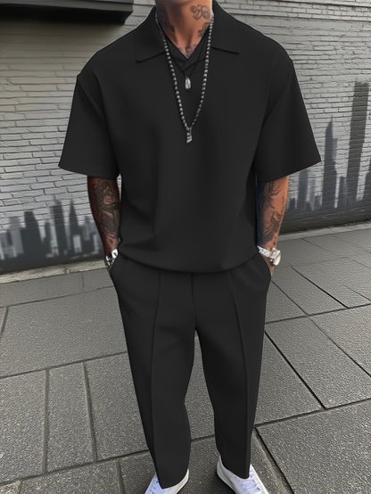 Men's 2 Piece Suit Set Relaxed Fit Collared Top Trousers
